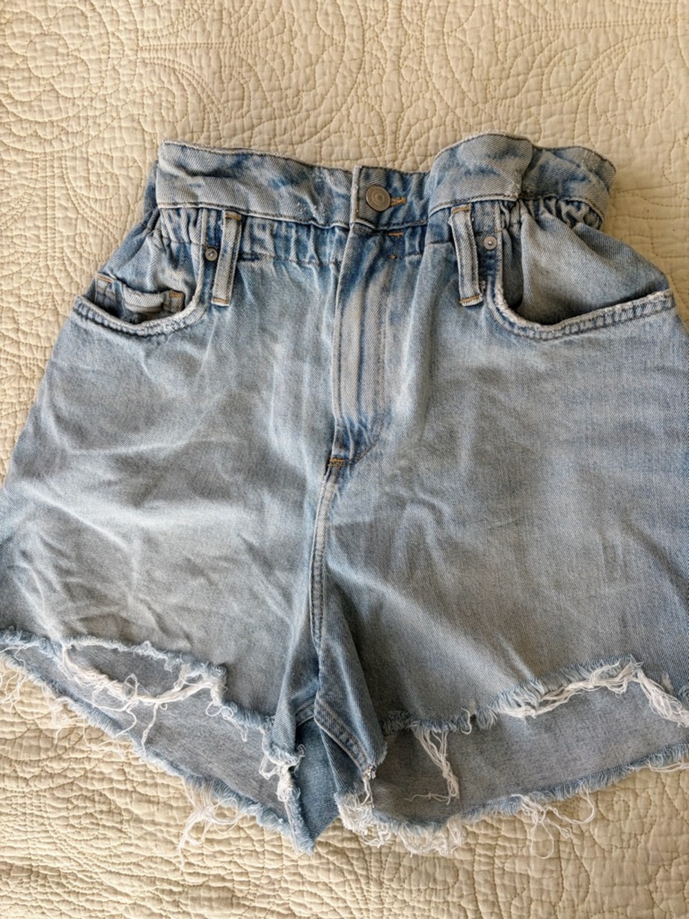 All Saints Palmer Light Wash Denim Paperbag Waist Shorts